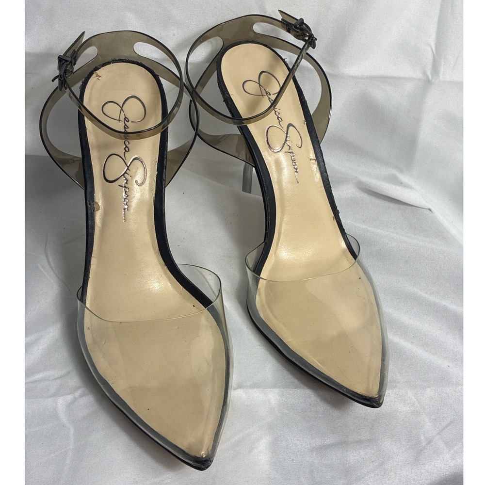 Jessica Simpson Pirrie Clear PVC Pointed Toe Ankle Strap Lucite Heels Black 8.5M